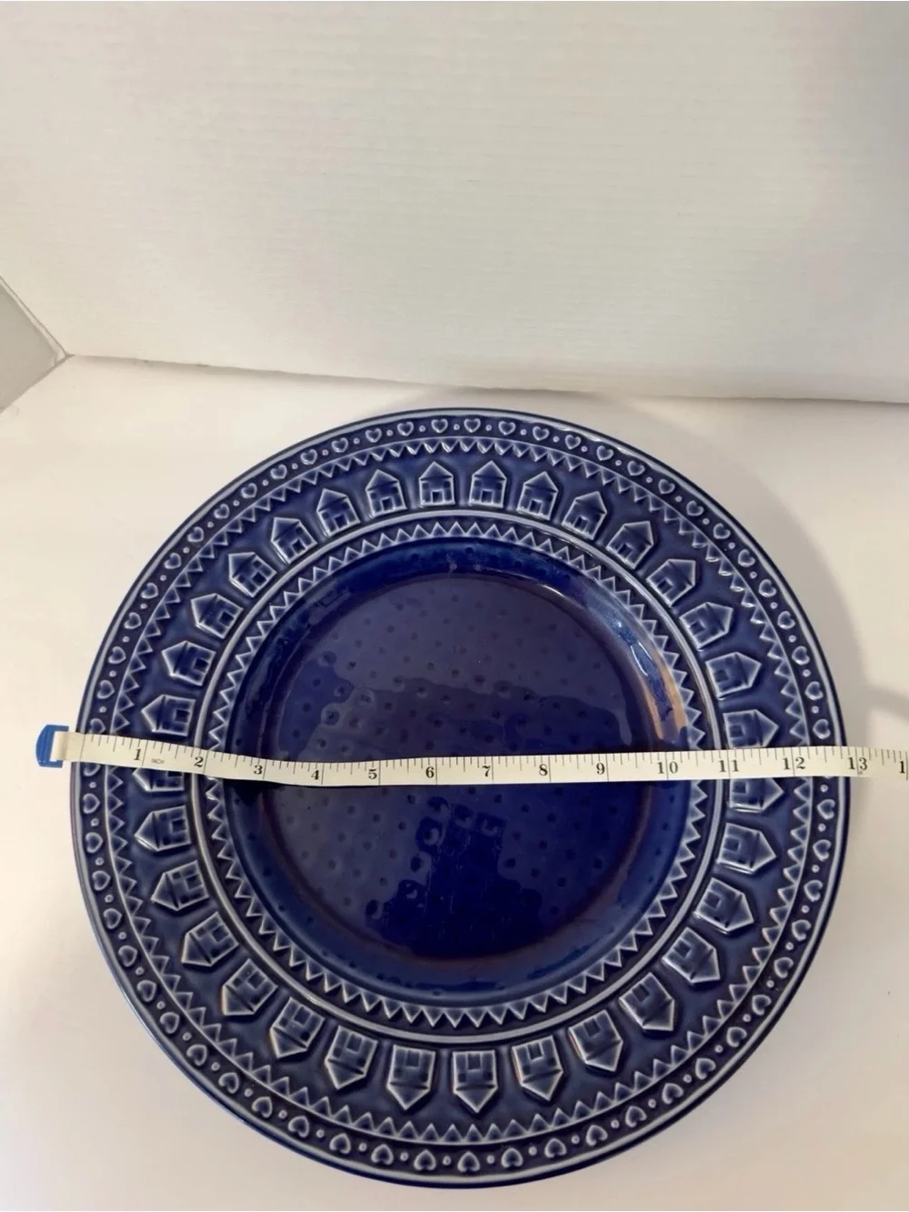 Deep Blue Embossed Ceramic Serving Platter- Textured Geometric Pattern